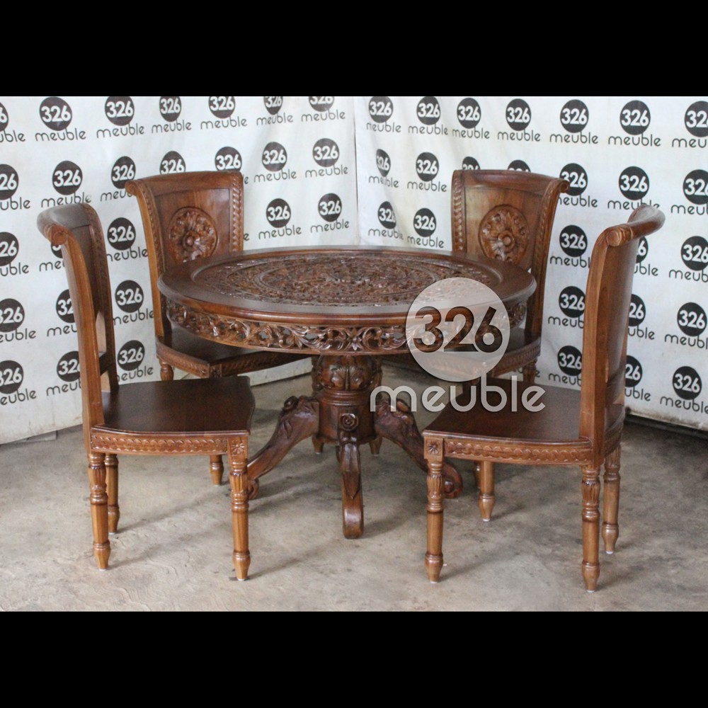 Meja Makan Ukiran Jati Mebel Jepara - Meja Makan Bulat 4 Kursi Jati