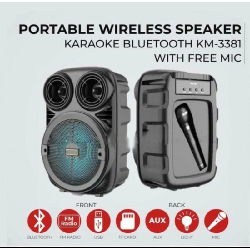 Speaker Bluetooth 3381 Seriess Ukuran 6.5 Inch Portable Karaoke Free Mic