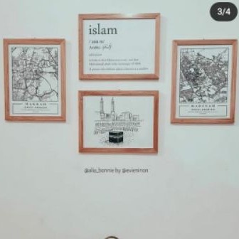 set hiasan pajangan dinding frame natural kayu tema maps makkah madina islam ka'bah ukuran 30x40
