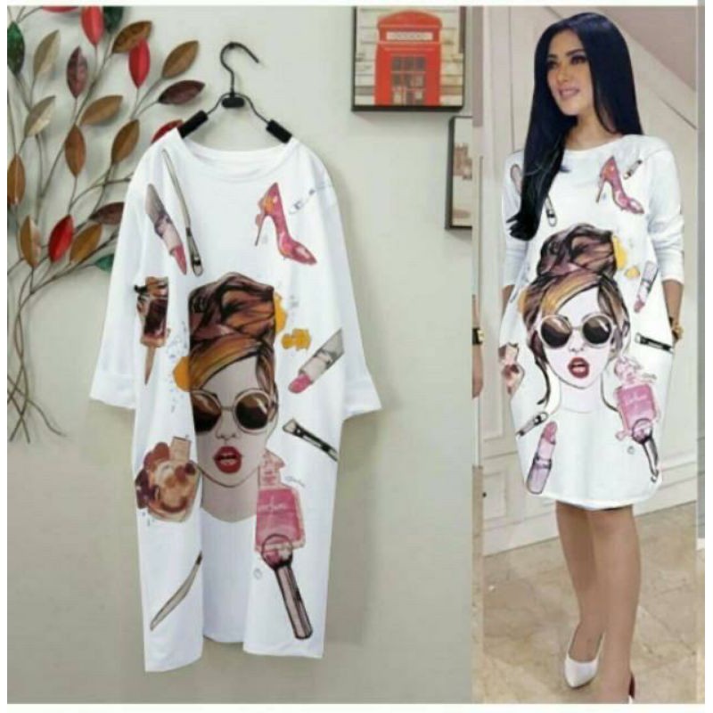 TUNIK UKURAN JUMBO / TUNIK KAOS JUMBO OVERSIZE / Bunny shop /Dress big size Beauty Putih