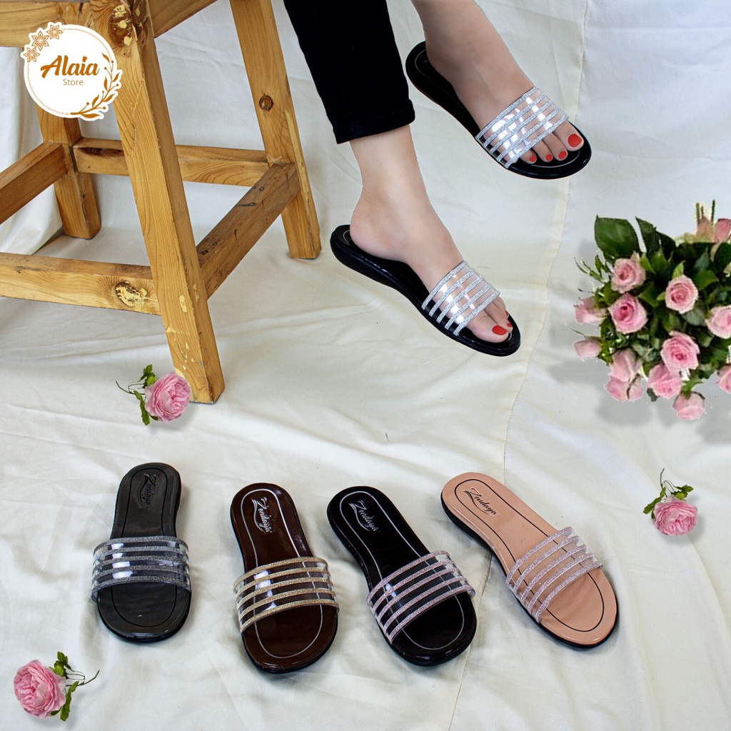 Sandal Slop Wanita Mika Garis Glitter Bahan Import (37/40) - Agashi / Sandal Slop Bening