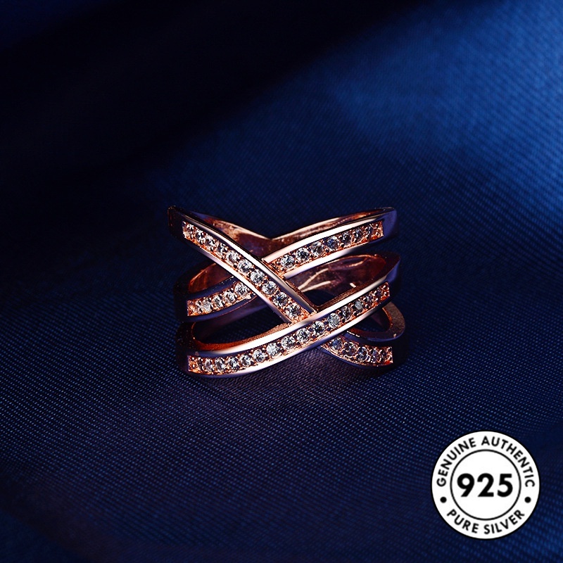 Cincin Sterling Silver 925 Model Kepang Warna Rose Gold Dengan Berlian Imitasi Untuk Wanita