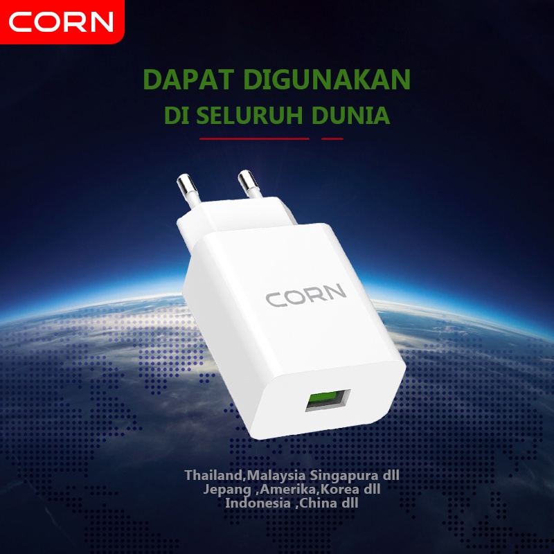 CORN Charger QE015 Original 3A 18W QC3.0 Fast Charging  EU Plug Quick Charging Charger With Kabel 3A Garansi Resmi 1 Tahun  untuk Samsung xiaomi vivo oppo