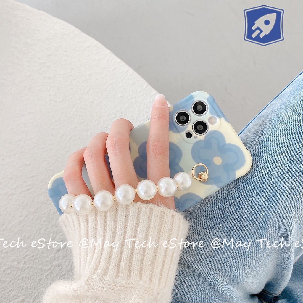 Casing iPhone Bunga Biru Blue Flower dengan Hand Grip Muatiara Pearl iPhone X XS XSMAX 11 12 13 PRO PROMAX