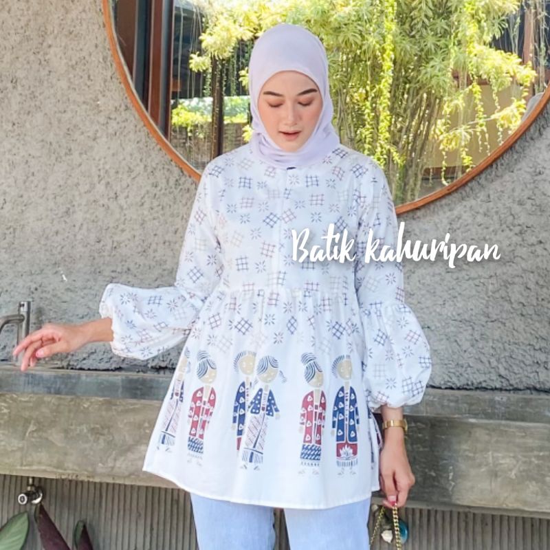 Batik Wanita Lengan Balon Baju Batik Wanita Modern Atasan Batik Wanita Warna Putih Motif Bu Tejo