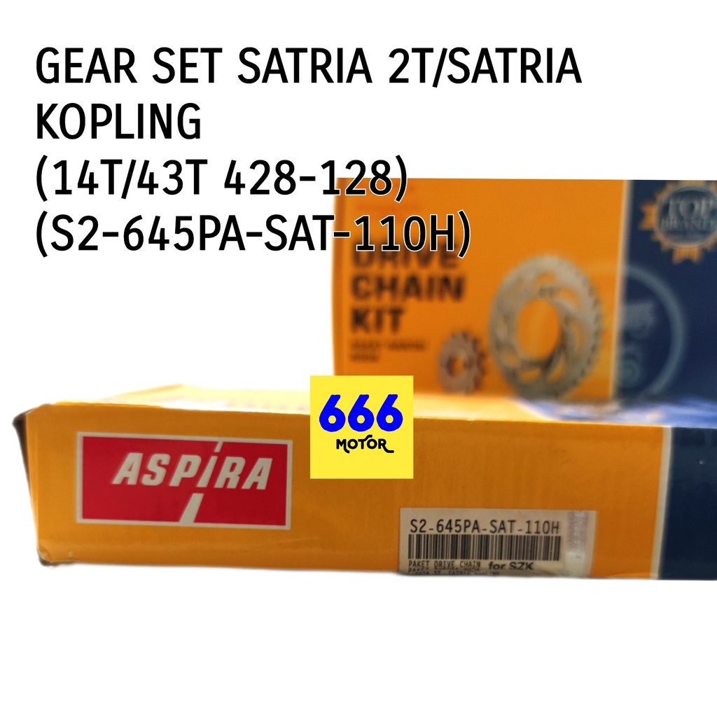 GEAR SET DEPAN BELAKANG PLUS RANTAI SATRIA 2T SATRIA KOPLING 14T/43T 428-128 (S2-645PA-SAT-110H) ASPIRA