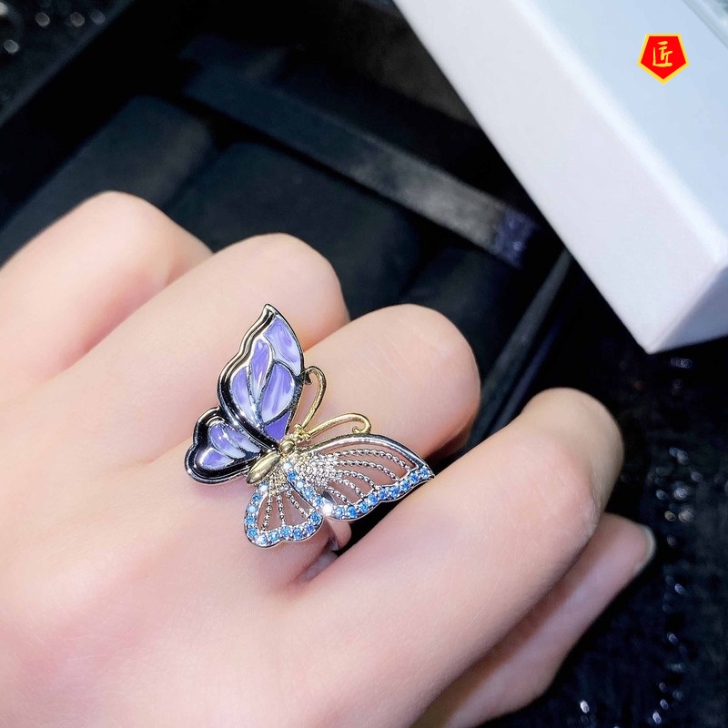 [Ready Stock]Advanced Exquisite Hollow Jeweled Colorful Butterfly Ring Sweet