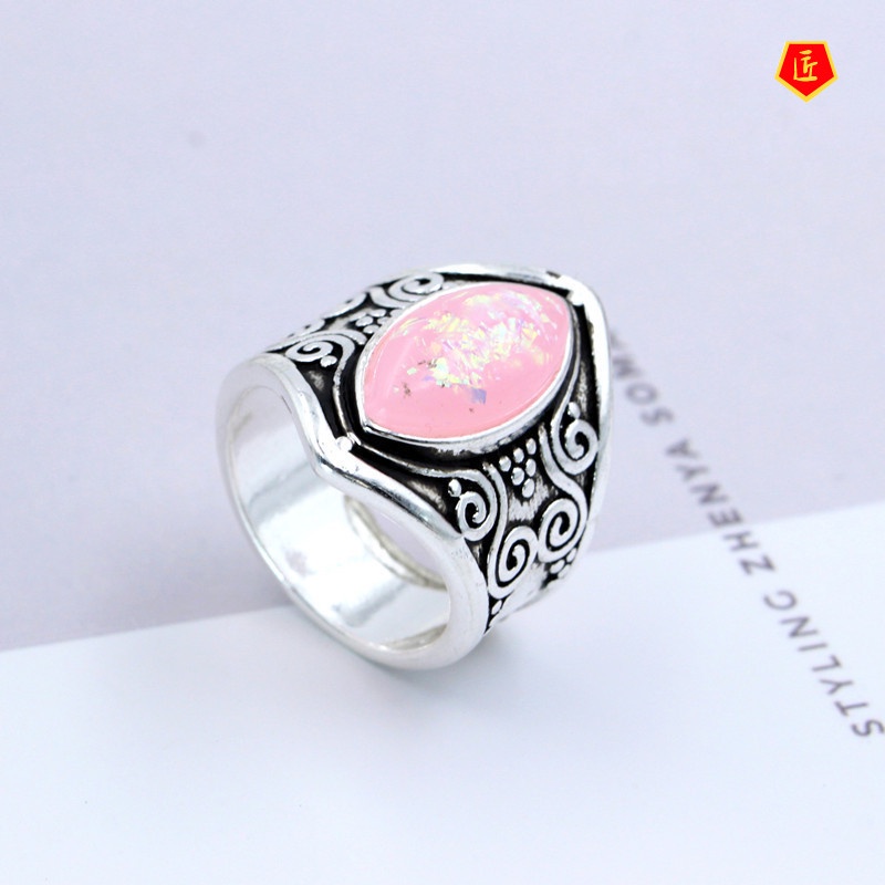 [Ready Stock]Fashion Retro Moonstone Opal Silver Ring Punk Exaggerated