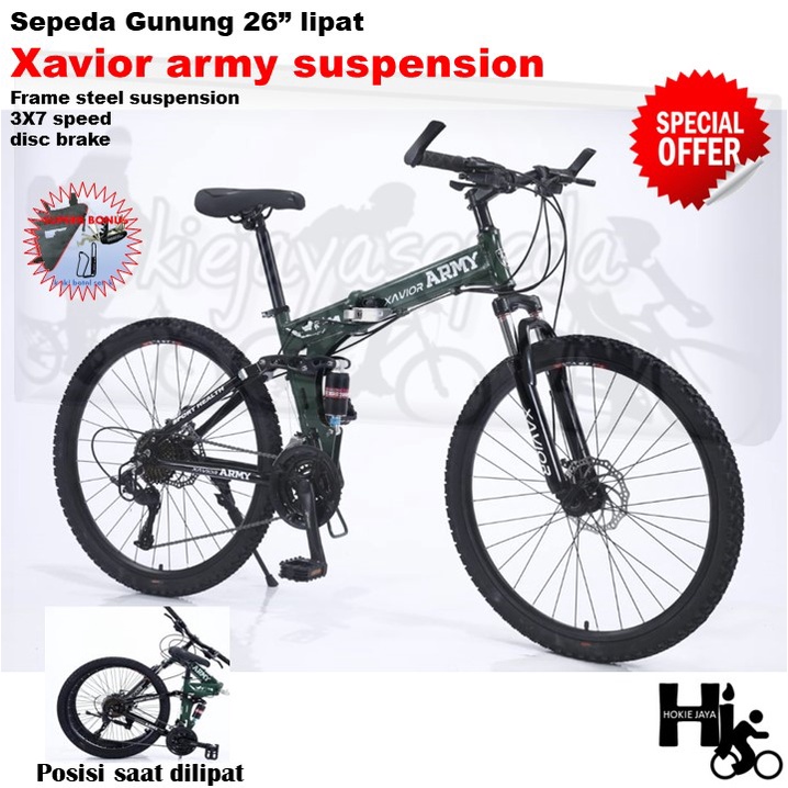 Sepeda Gunung lipat 26" XAVIOR ARMY Full suspension / 3x7 speed/ rem cakram bonus tas / kunciL set/ 