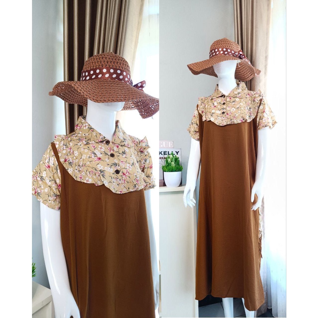 Flower Sakura Dress Wanita Jumbo Rayon Armor Kombinasi Crinkle Airflow Premium Baju Wanita Kekinian Lengan Pendek Maxydress  LD 110 cm