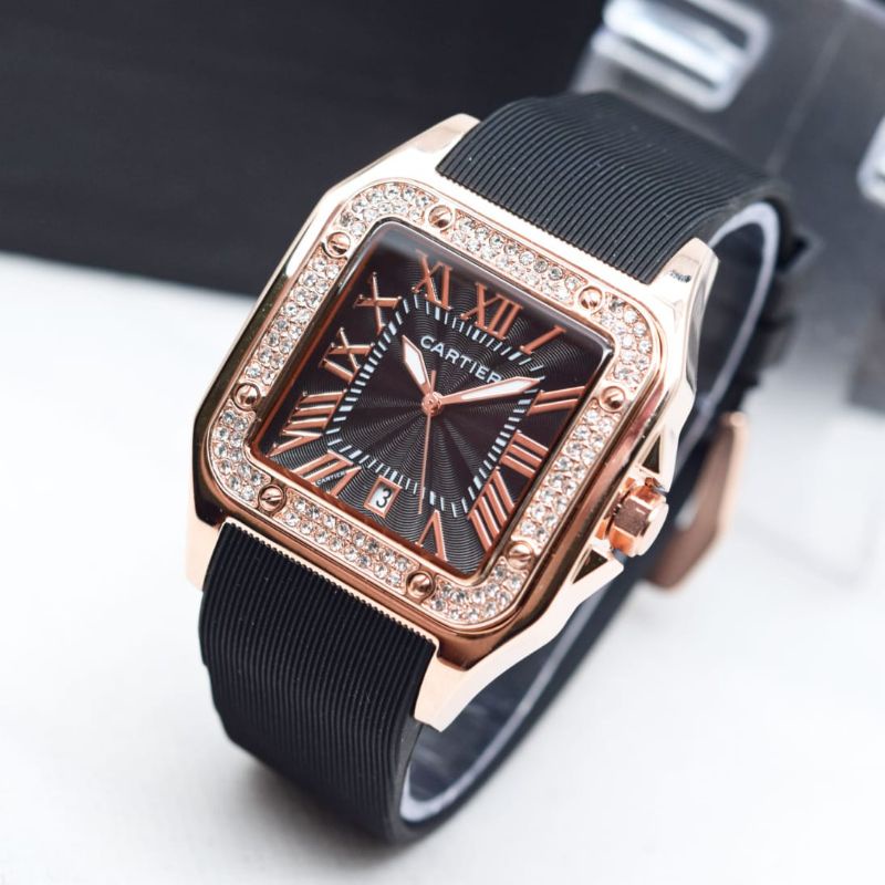 hr jam tangan Cartier new collection fashion wanita tali rubber premium ring kombi diamond free box kancing