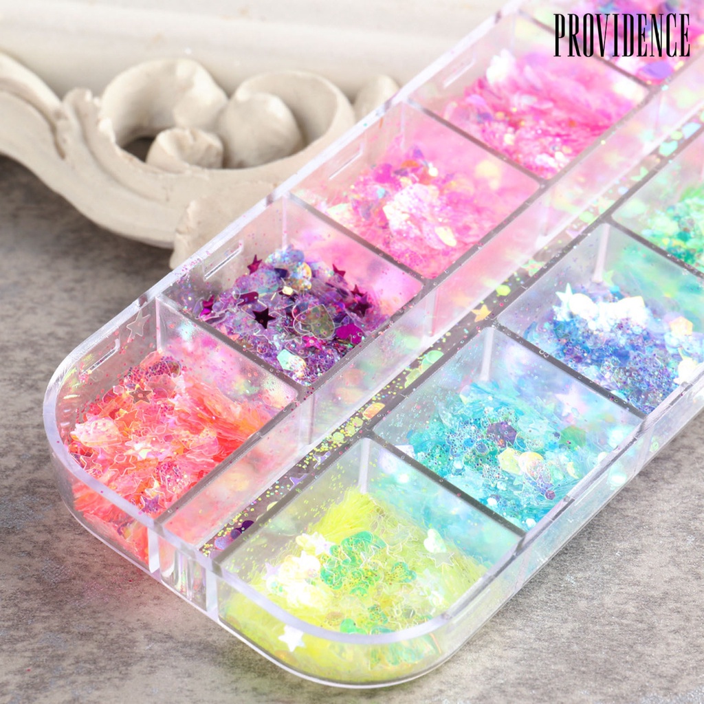 Providence 12 Grids/Box Nail Sequins Easy to Apply DIY Creation Plastic Star Moon Nail Ornament Stickers for Personal Use