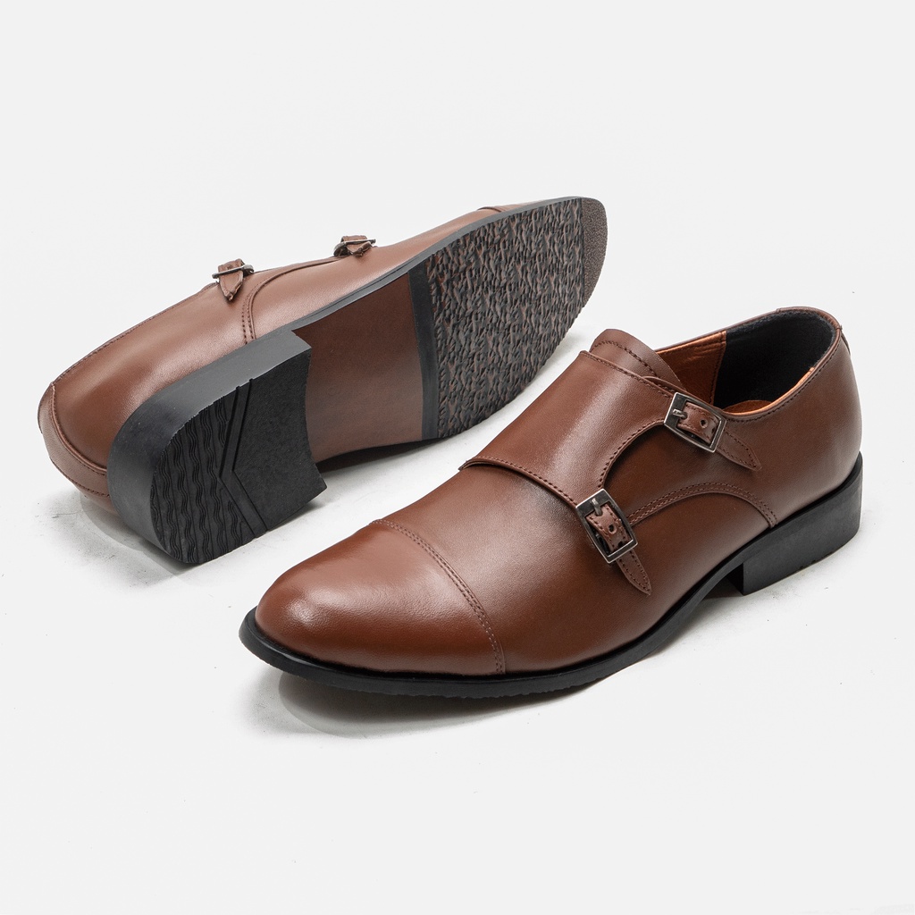 Sepatu Pantofel Pria Formal Model Strap Kulit Sapi Asli Warna Coklat Outsole Fibber M8041