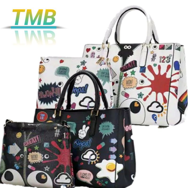 Tas Wanita Totebag Fashion Set Hitam Dan Putih motif Print Karakter