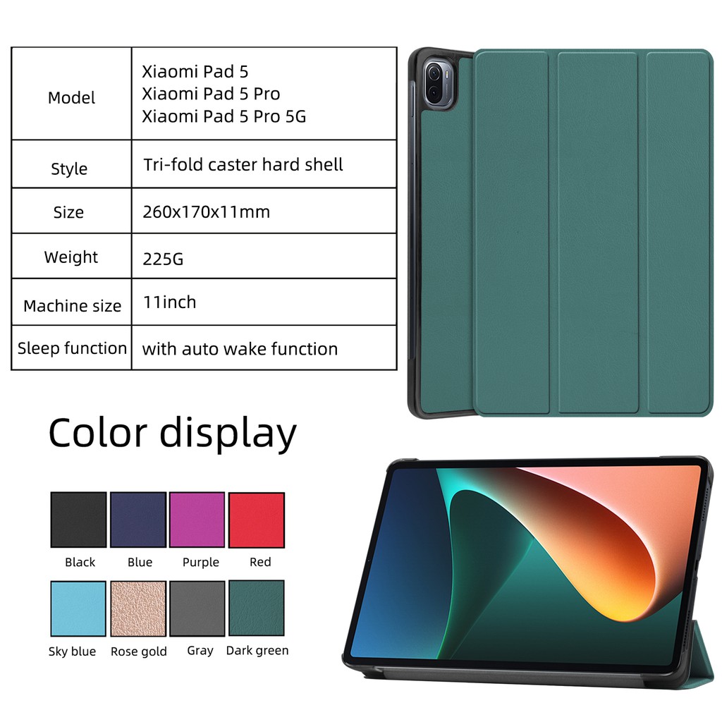 Untuk Xiaomi Pad5/Pro/5G 11.0 Inci 2021sarung Pelindung Tablet Fashion Tri-fold Warna Solid Flip Leather Cover Berdiri Shell