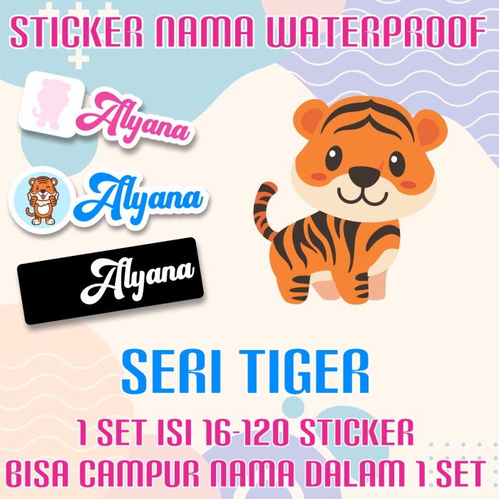 

[14-120 pcs] Sticker Nama Custom Waterproof Cute Tiger