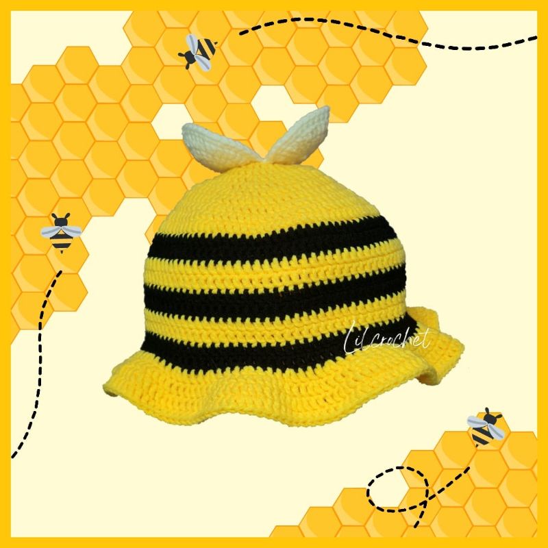 Crochet Bee Bucket Hat topi rajut lebah lucu murah