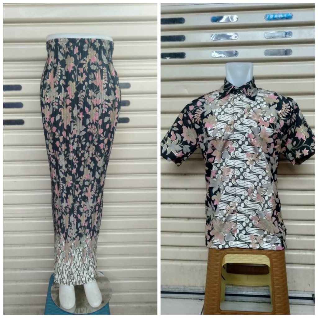 SETELAN COUPLE BATIK ROK PLISKET DAN KEMEJA KEMEJA PENDEK