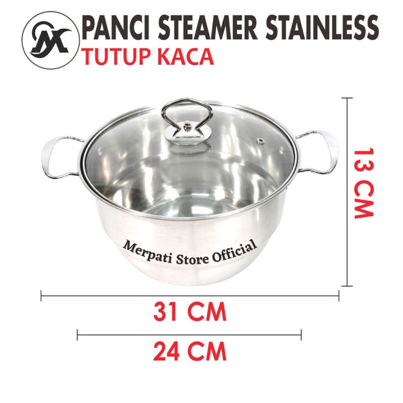 Merpati Store - Panci Kukus Panci Stainless 24cm / Kukusan Stainless Panci Kukusan Tutup Kaca Stainless Steel