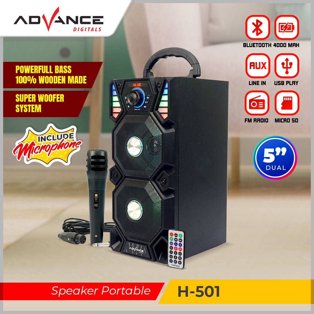 【READY STOCK】 Advance 5&quot; Dual Speaker H501 Bluetooth Free 1 Mic Portable USB Radio 4000Mah Charge