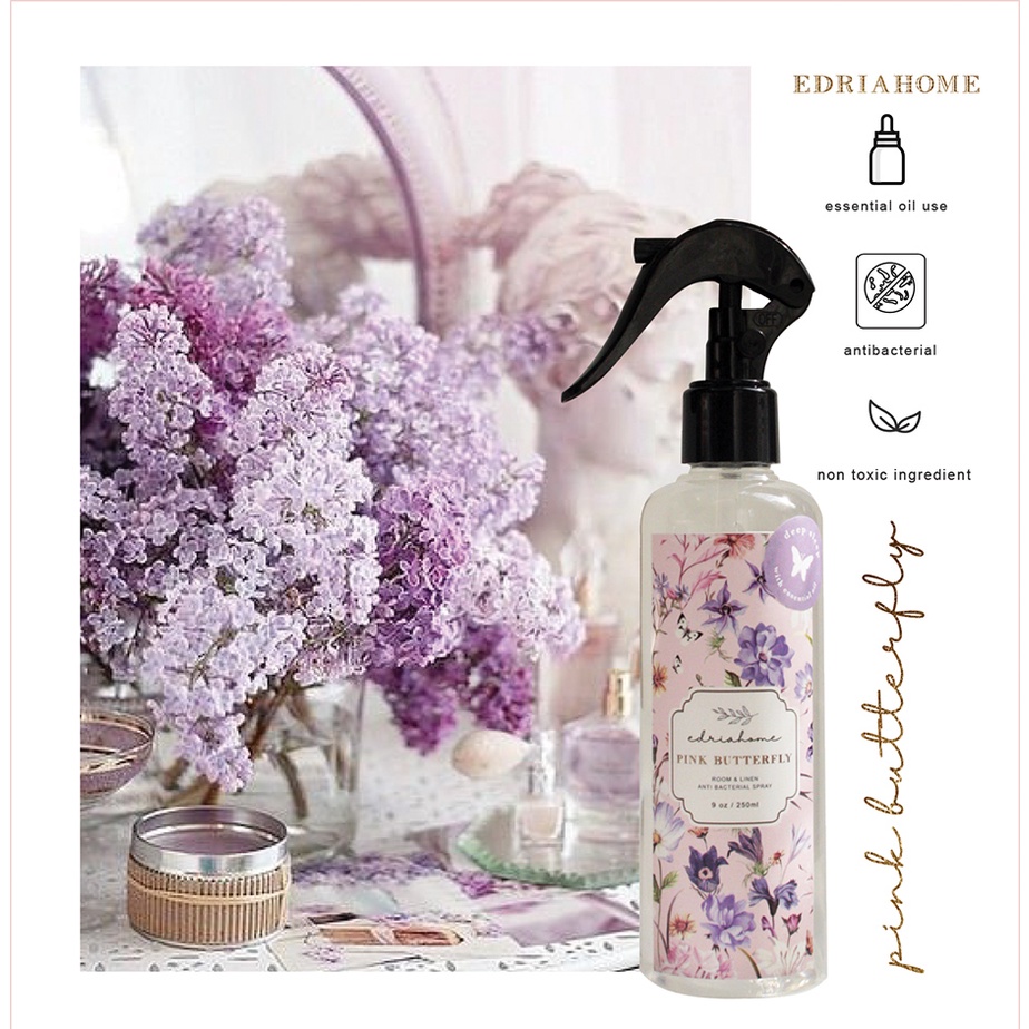 Edriahome Room and Linen Spray Spring In Provence Essential oil 250 ML/ Anti Bacterial/ Multipurpose Room and Pillow Spray / Fabric Spray / Bed Spray /  Pillow Spray /  Laundry Spray / Odor Eliminator / Pengharum Ruangan dan Kain