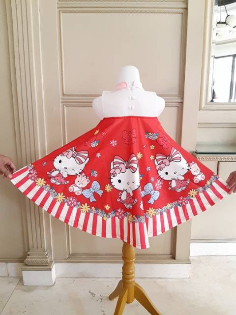 81098 HELLO KITTY RIBBON RED PINK BLUE / DRESS HELLOKITTY ANAK /GAUN PESTA ULANG TAHUN IMPORT KOREA