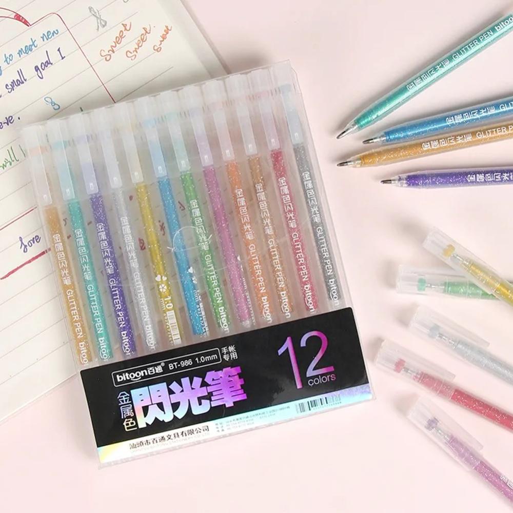 Timekey 12pcs / set Pen Gel Highlighter Glitter Multi Warna Untuk Stationery Sekolah / Kantor / Scrapbook DIY D9X6