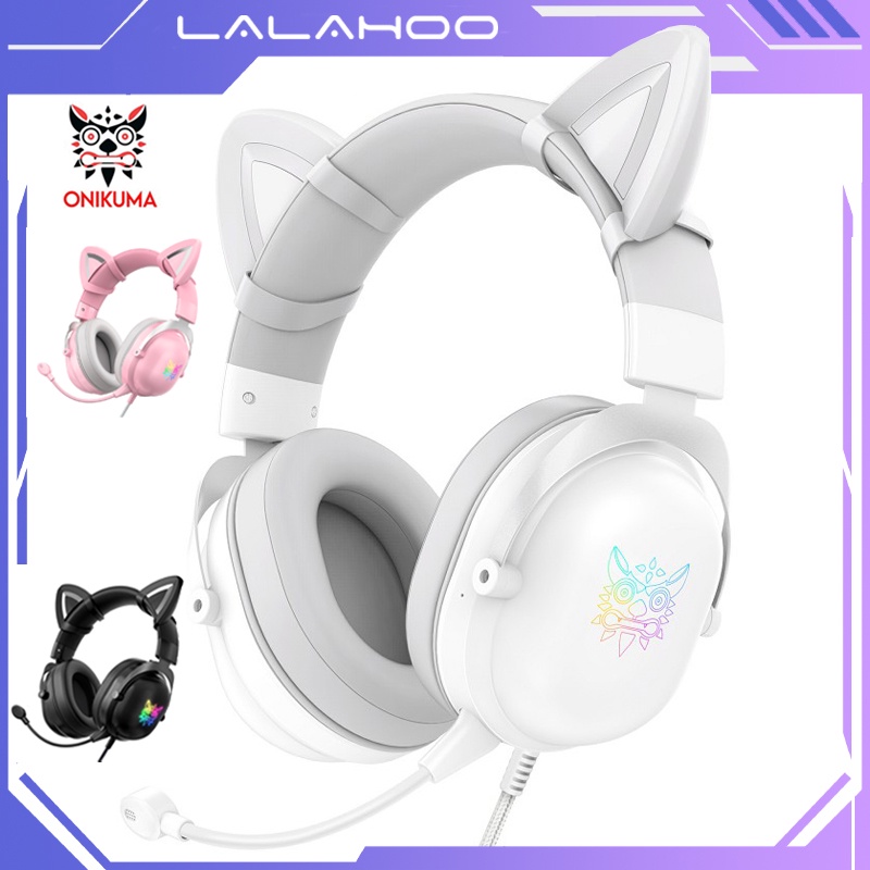 Jual ONIKUMA X11 Headset Gaming, Kucing Putih Potongan Telinga dengan Mikrofon dan Lampu Led