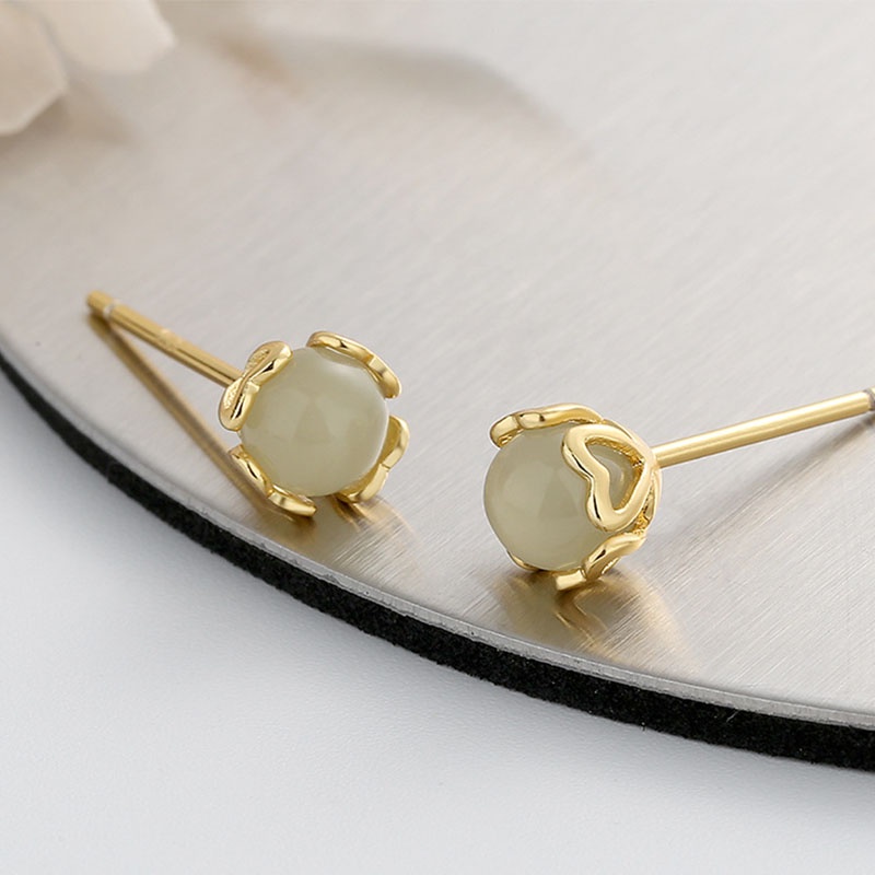 Anting Stud Giok Hetian Natural Untuk Wanita