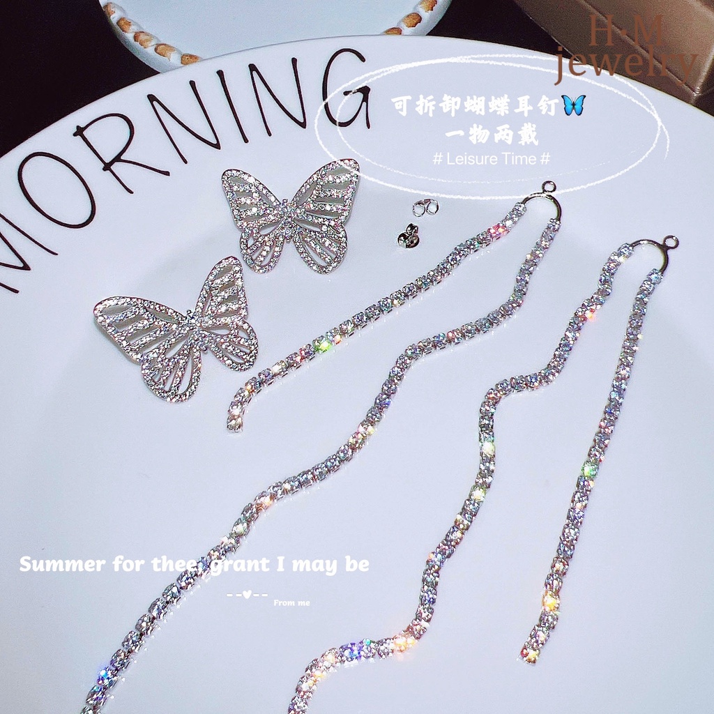 Butterfly Set Kalung + Anting Tusuk Motif Kupu-Kupu Aksen Rumbai Dapat Dilepas Untuk Wanita Butterfly