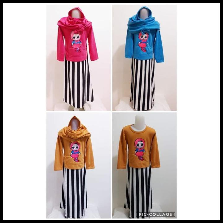 Gamis Anak Salur Baju Muslim Gamis + Hijab Motif Salur - Merah Muda, M