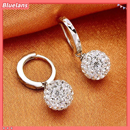 Anting Menjuntai Liontin Bola Berlian Imitasi Warna Putih Untuk Wanita