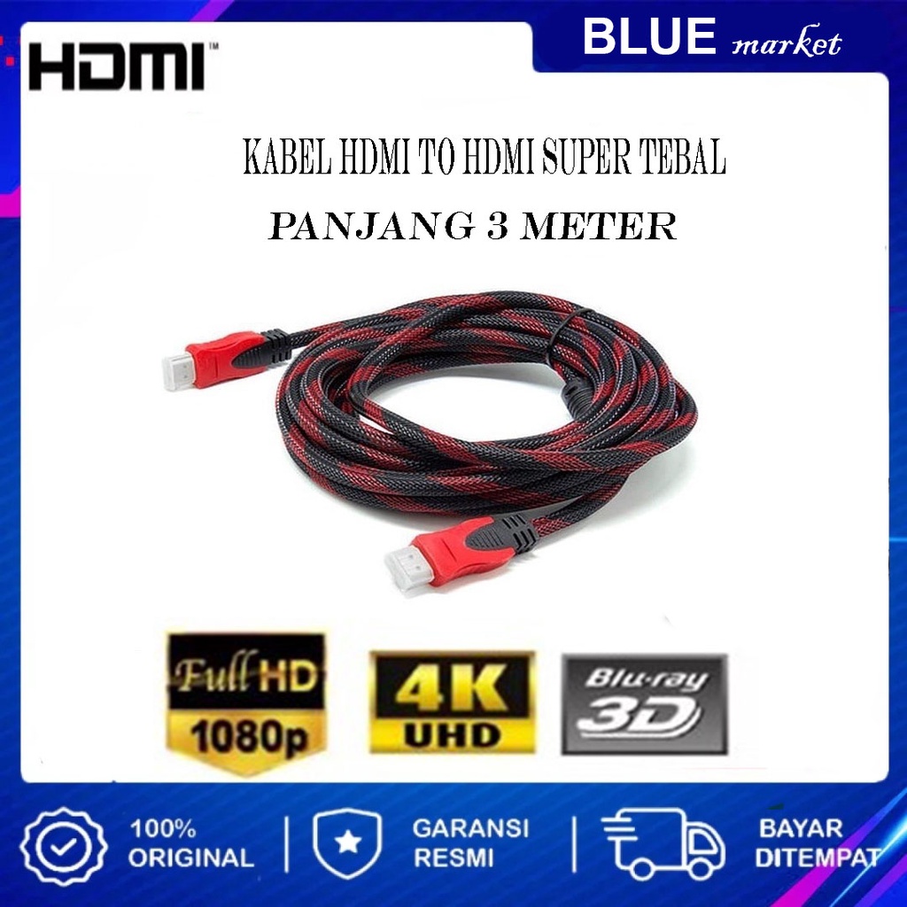 KABEL HDMI MODEL JARING 3 METER SUPER TEBAL UNTUK TV DVB T2 PC KOMPUTER DLL