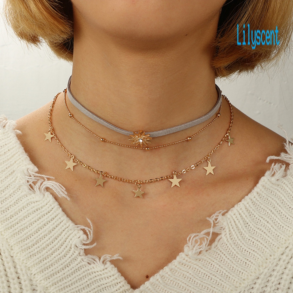 3pcs Kalung Choker 3 Lapis Bentuk Matahari Bintang Aksen Berlian Imitasi Untuk Wanita