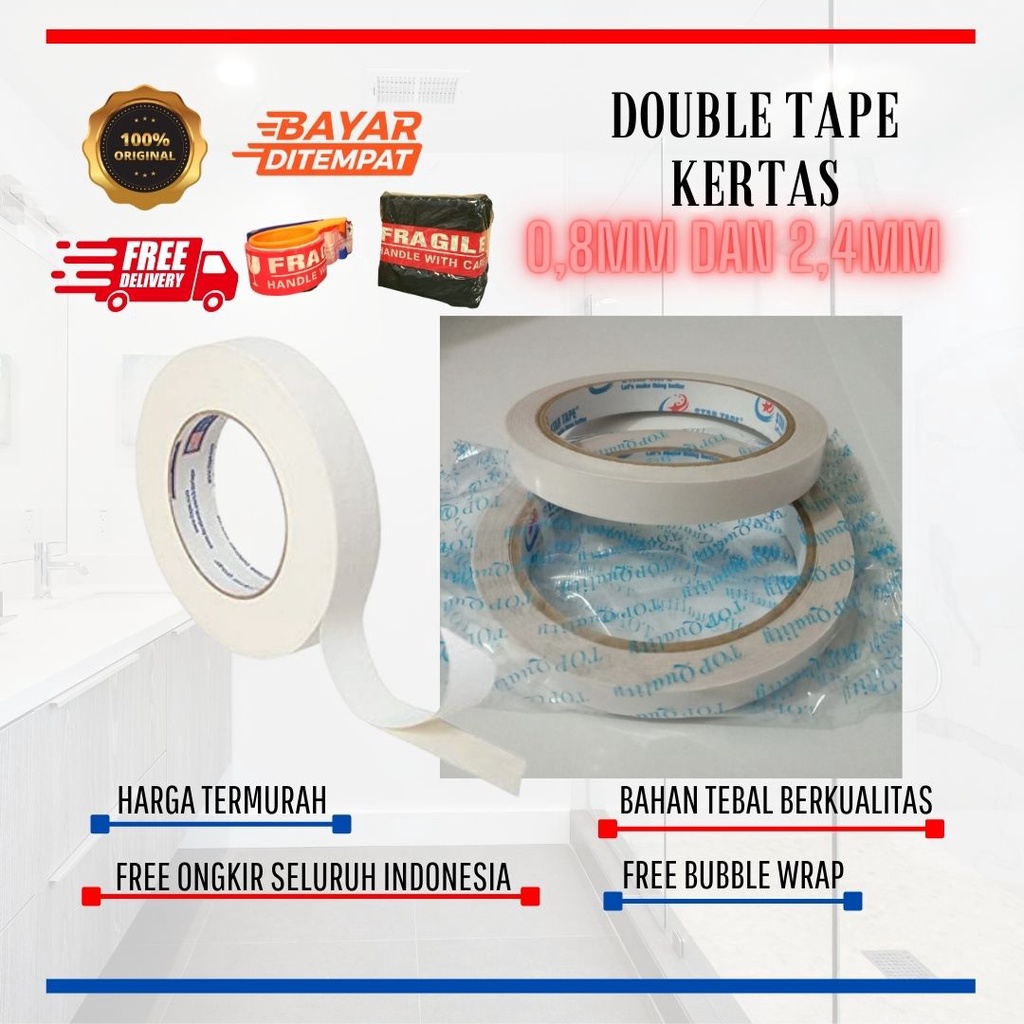 DOUBLE TAPE KERTAS 0,8 mm x 10 meter ISOLASI DOUBLE TAPE MURAH