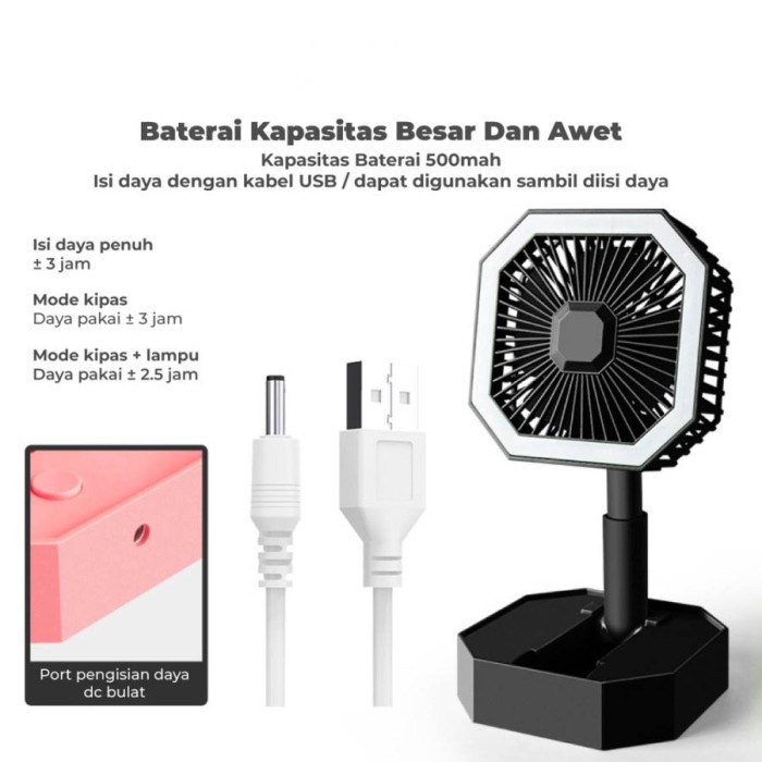 Kipas Angin Mini Recharge USB Lampu LED Standing Fan Portable