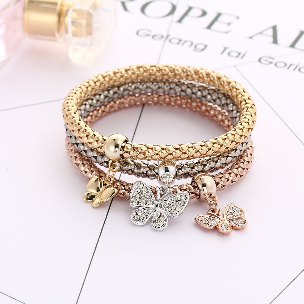 3pcs / Set Gelang Liontin Kupu-Kupu Aksen Kristal Berlian Imitasi Warna Emas Perak Untuk Pria Dan Wanita