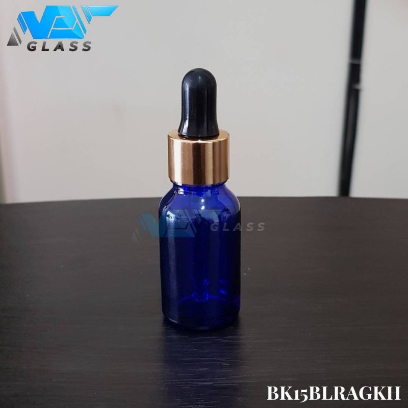 botol kaca pipet 15ml biru - ring almunium gold