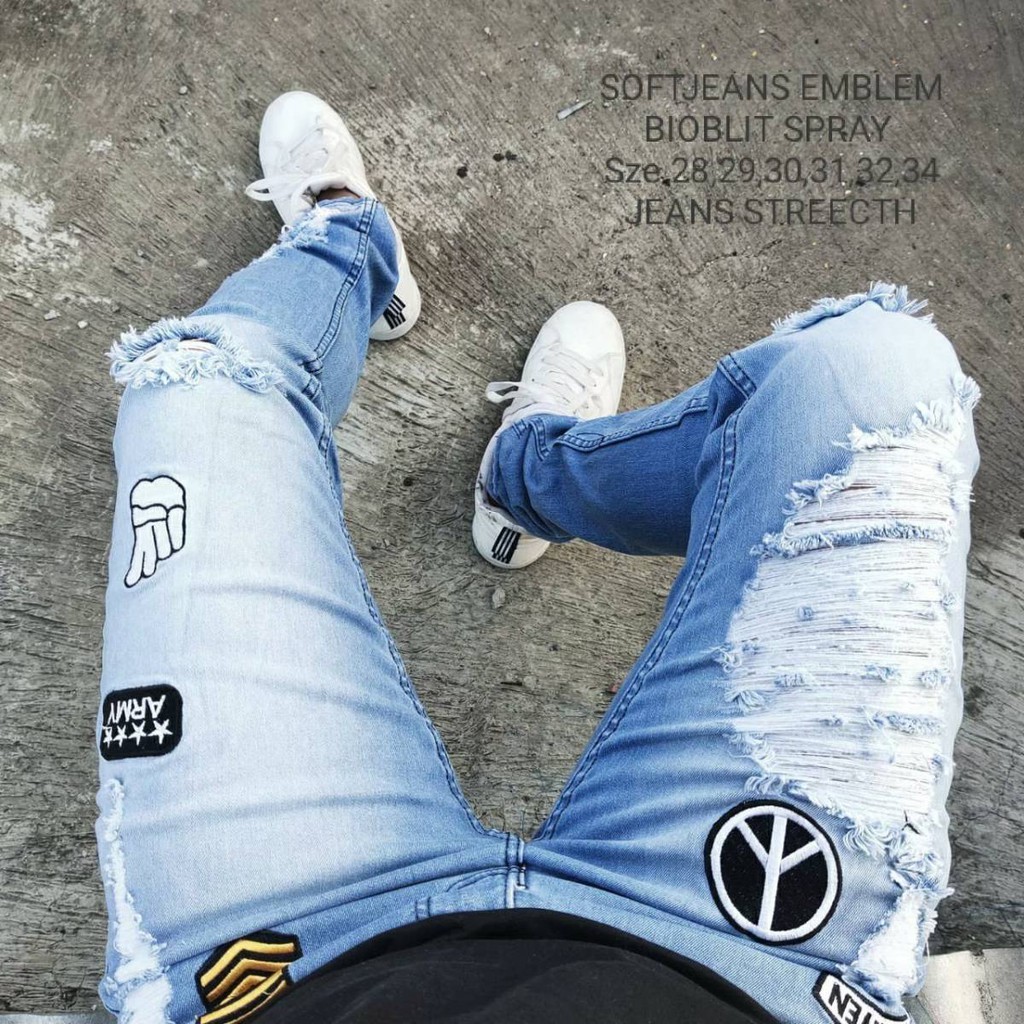 Celana Sobek-Celana Jeans Pria-Celana emblem-Celana Panjang Pria Sobek-Celana Soft Jeans Sobek Pria