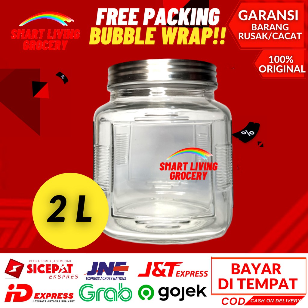 TOPLES GELAS KACA KOTAK KECIL BESAR WADAH TEMPAT PENYIMPANAN MAKANAN BESAR alumunium 2 LITER
