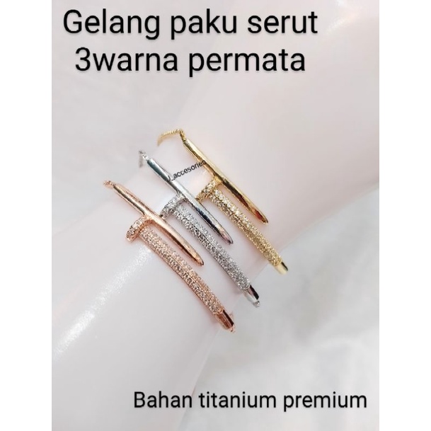 NEW gelang serut paku titanium "premium" asli, bisa diatur kecil besarnya fashion wanita