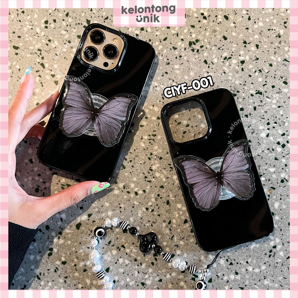 For iPhone - Black Glossy Case with Butterfly Griptok &amp; Phone Charm