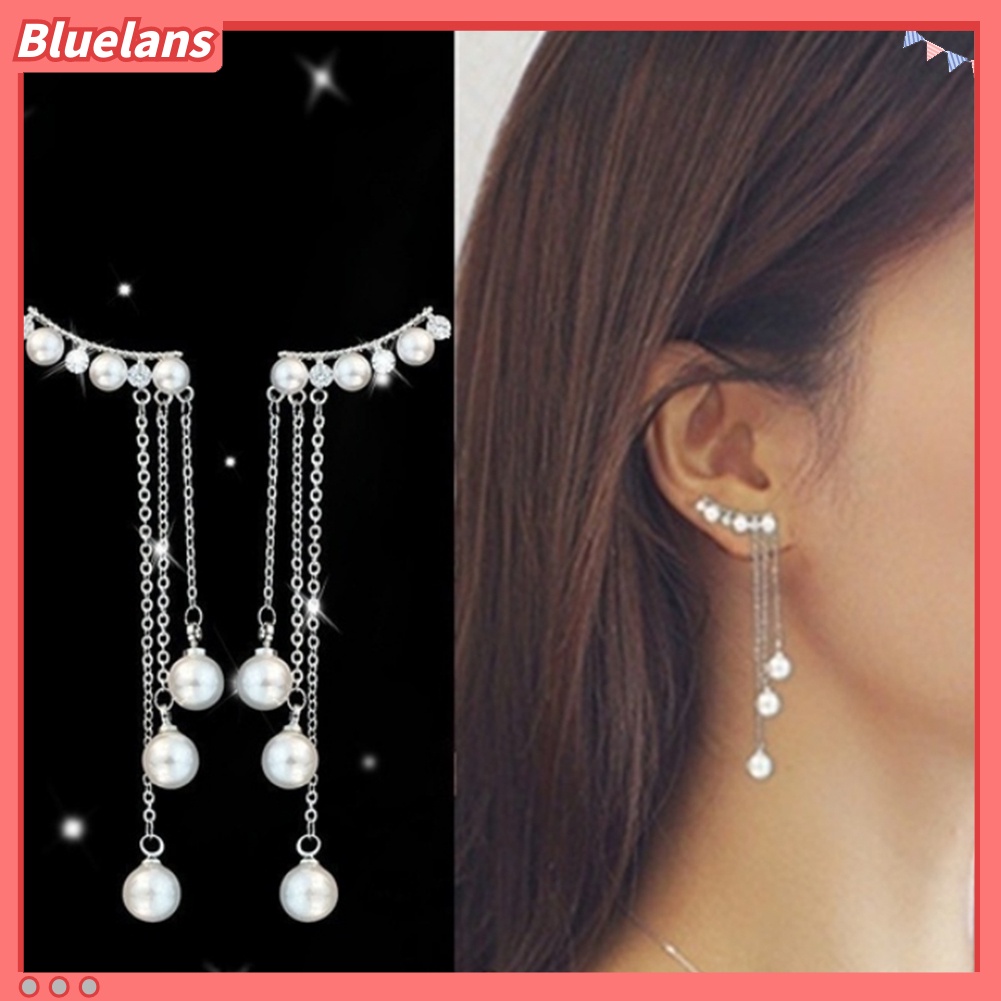 Bluelans Anting Tusuk Gantung Wanita Desain Rumbai Rantai Hias Mutiara Imitasi Untuk Hadiah