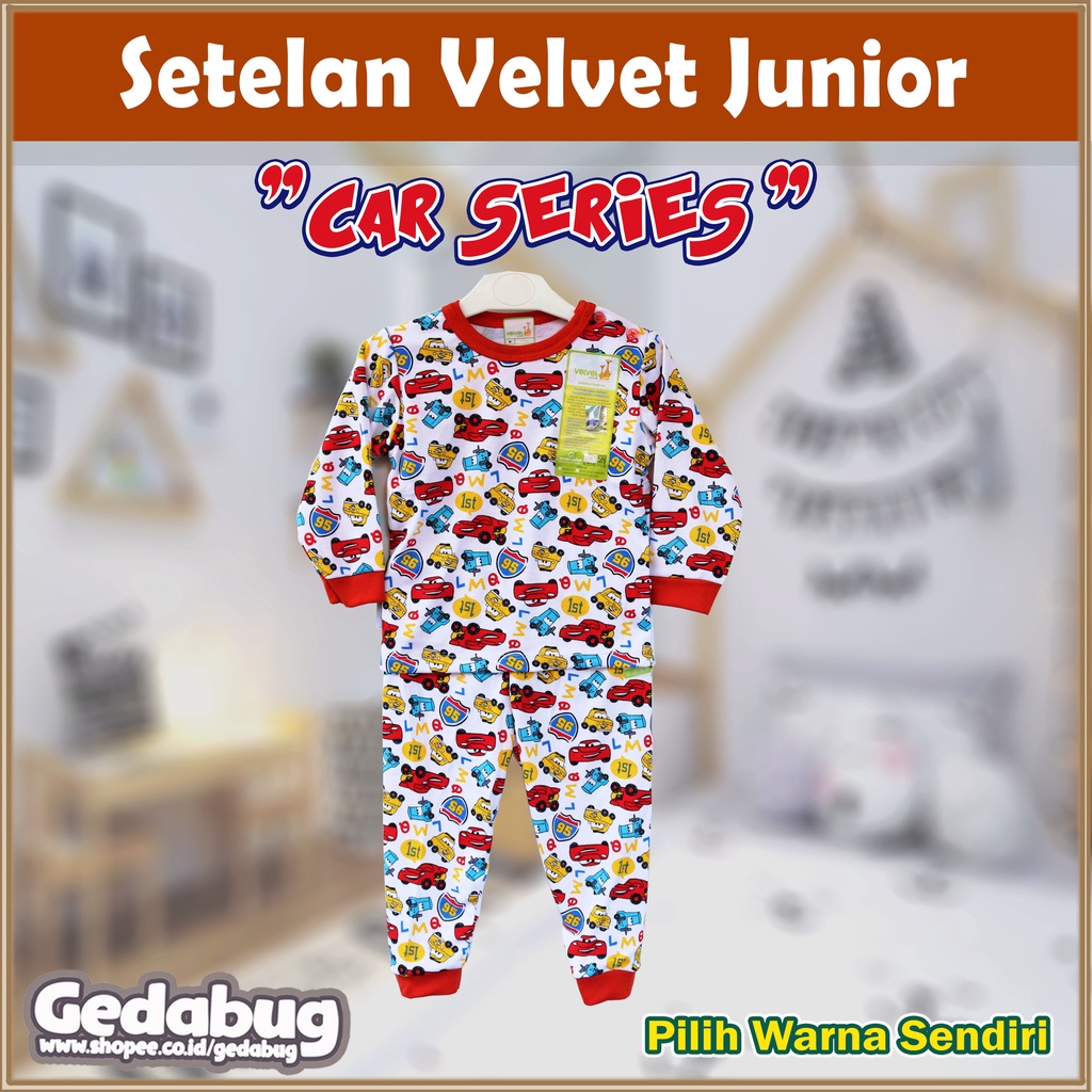 Setelan Velvet Junior Car's Series PANJANG | Piyama Anak | Baju Tidur Bayi 100% ORI