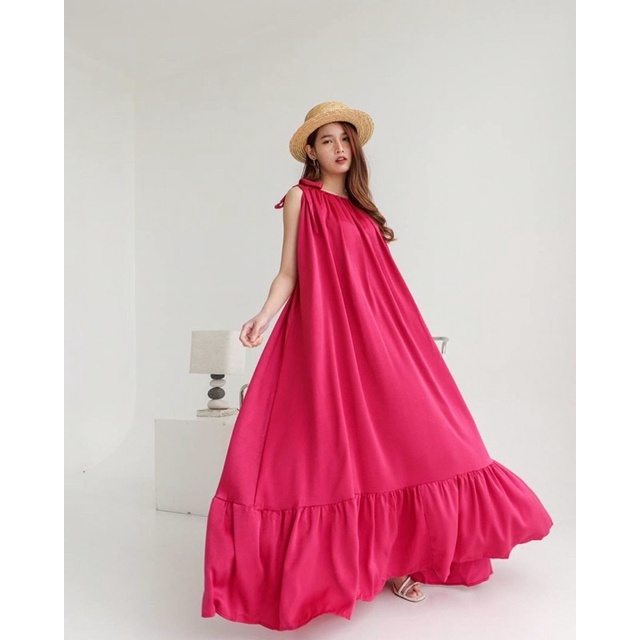 DRESS WANITA KOREA STYLE MAXI PANJANG TANPA LENGAN DRESS CASUAL PANTAI BALI SUMMER BABYDOLL DRESS FU