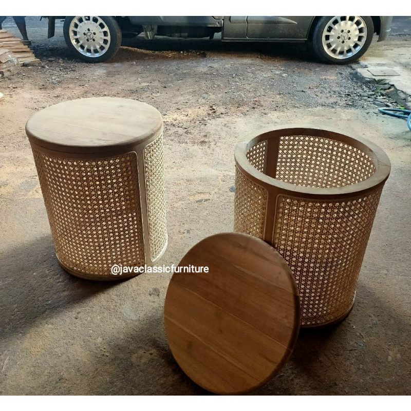 ROUND STORAGE TEMPAT PENYIMPANAN SERBAGUNA ESTETIK NAKAS RETRO ROTAN BULAT BAHAN KAYU JATI MIX ROTTAN UNIK VINTAGE-5