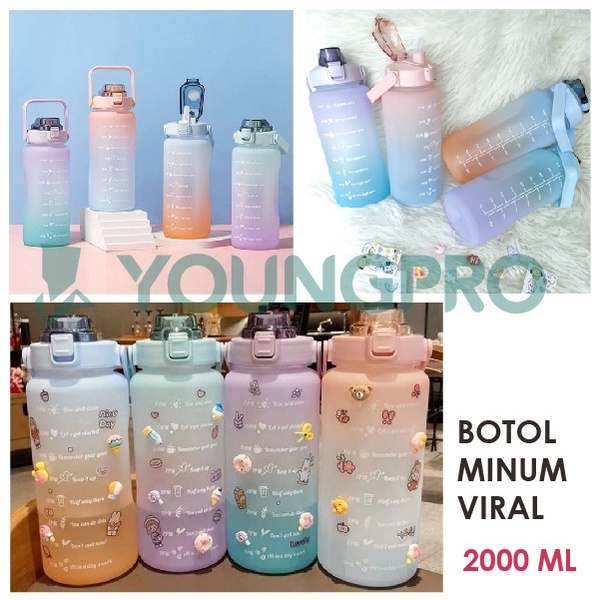 YOUNGPRO Botol Tempat Minum Motivasi Viral 2 Liter Botol Air Minum Plastik 2L Unik Murah Botol Minum Anak Cowok Cewek Dewasa BPA Free Sticker 3D 2D