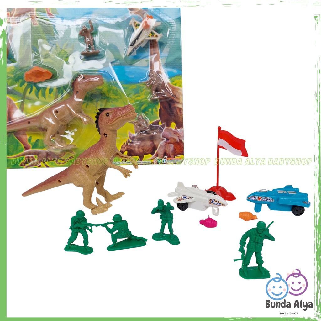 Set Mainan Dinosaurus set 1 Dinosaurus 2 Pesawat 1 Bendera dan 4 Army Set Mainan Perang Figur  Seru Anak Set Lengkap Mainan Perang Dino Anak