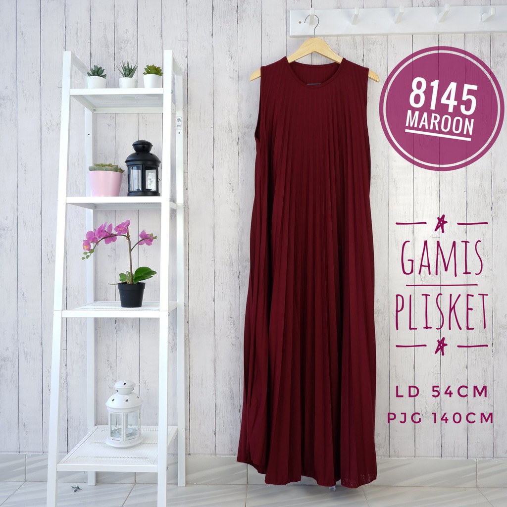 GAMIS PLISKET 8145 MAXY DRESS PLISKET PRISKET PLEATED DRESS PLISKET MAYUNG FLOWY TANPA LENGAN-Maroon