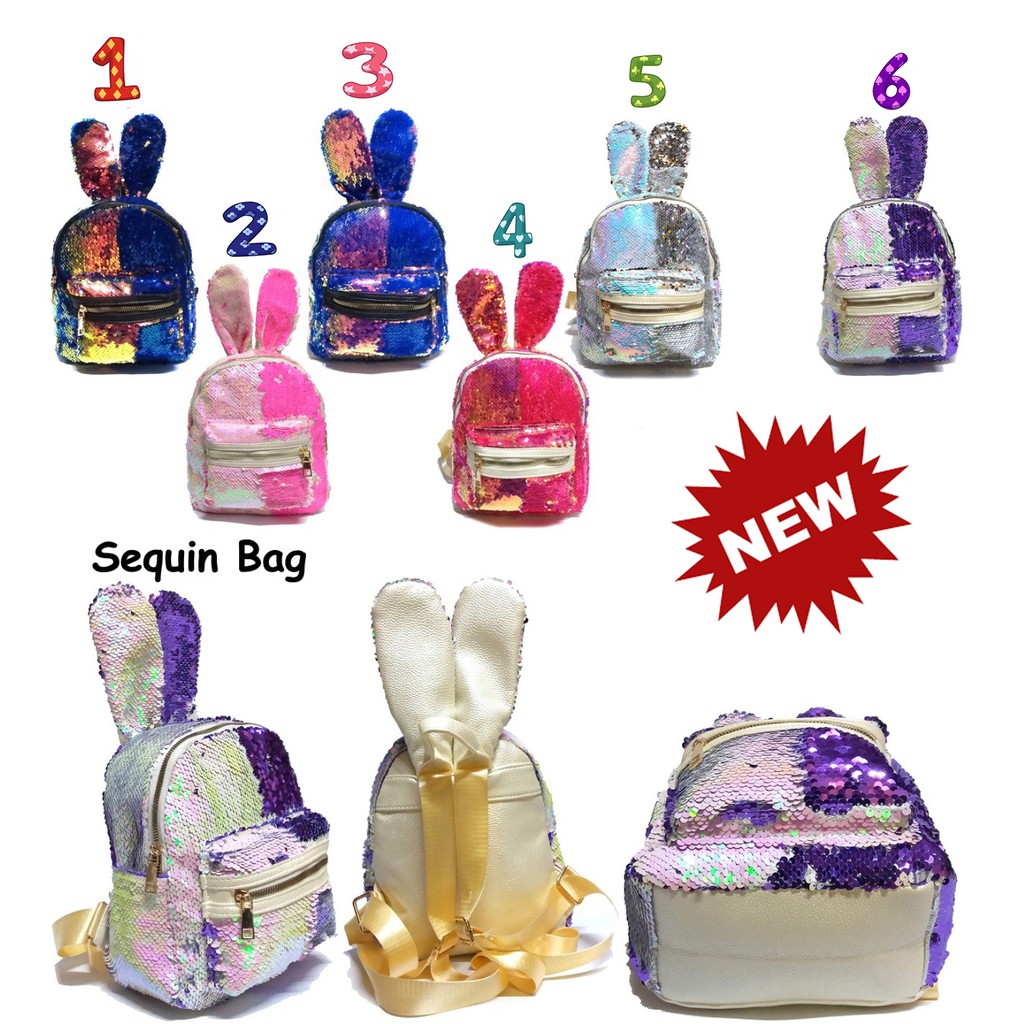 SALE TERMURAH CUCI GUDANG RANSEL Sequin Kuping Kelinci IMPORT - Backpack Fashion Anak Payet Manik - Manik 10&quot;